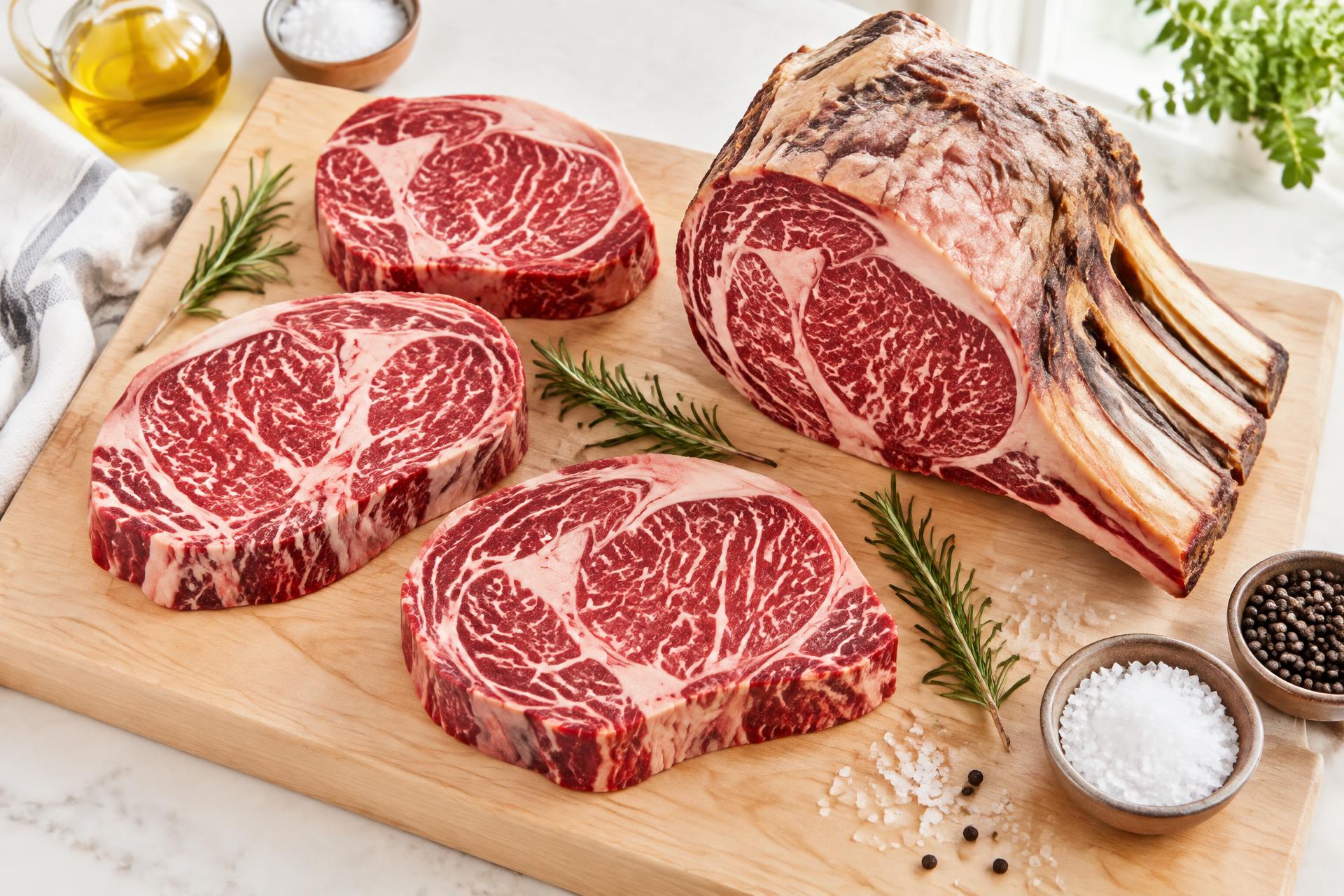 Dry-aged steaks and a bone-in roast resting on a weathered butcher block