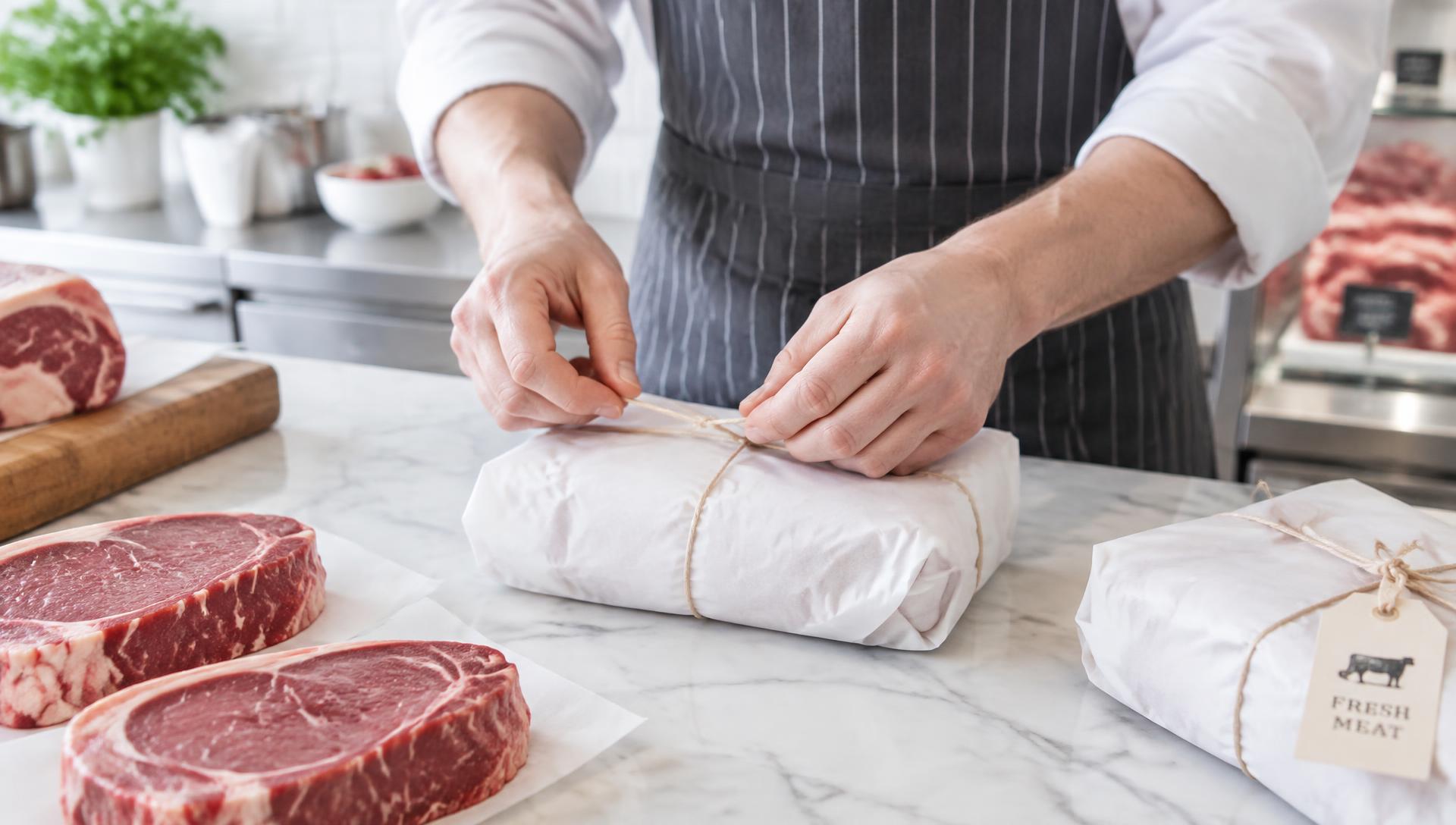 Hands wrapping meat in brown butcher paper and tying it with twine